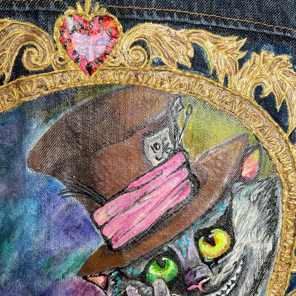 One-of One Hand Painted Alice in Wonderland Art Denim Jacket - Picture 3 of 14